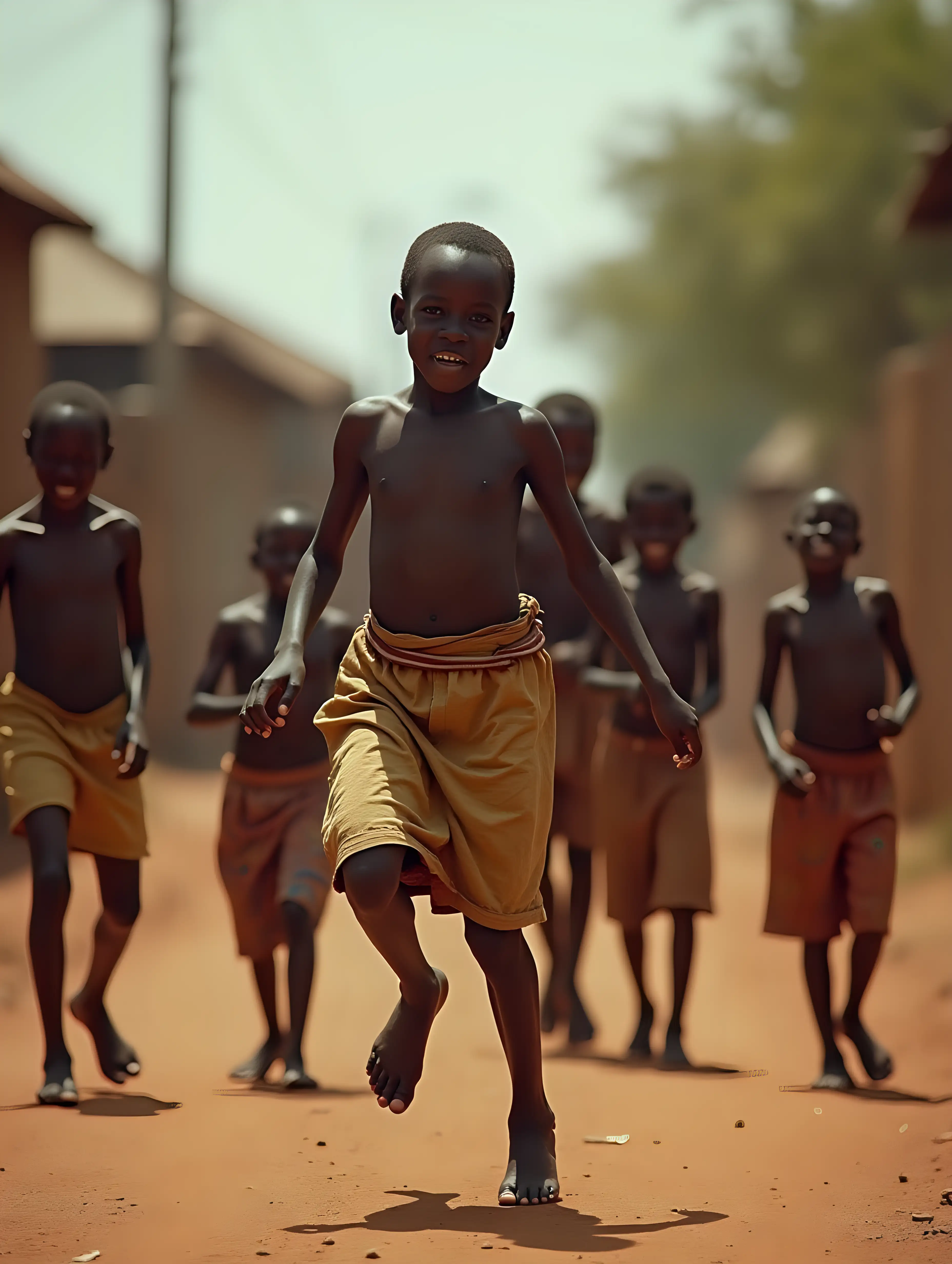 Young African Boys Dancing Joyfully in a Vibrant Village Street