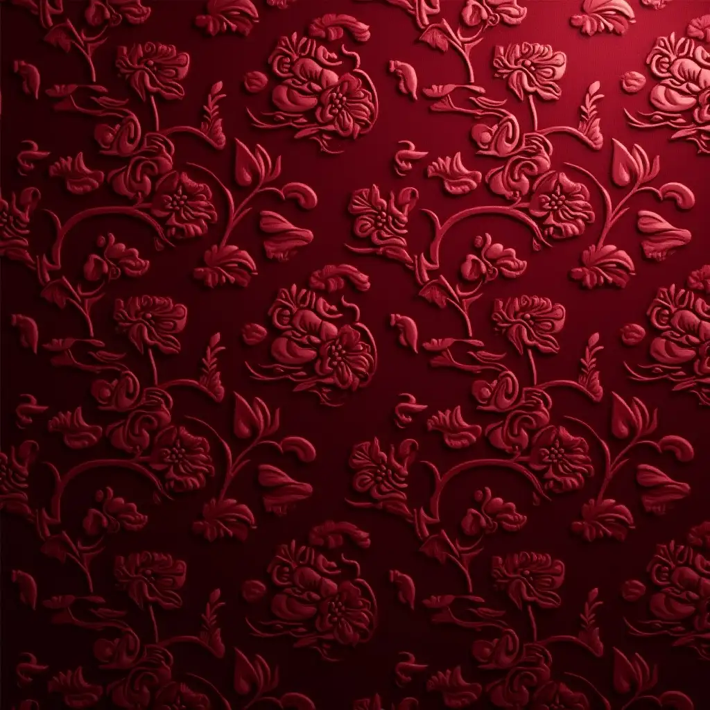 A luxurious seamless pattern featuring embossed botanical motifs on deep burgundy velvet. The texture is rich and velvety, with intricate floral swirls and leaves standing out in a slightly darker shade. The light catches the fabric, creating an elegant, royal feel.