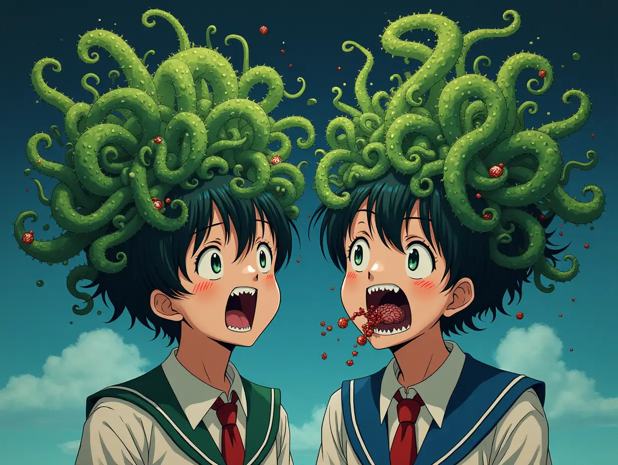 A surreal and unsettling anime scene of two school student whose heads have transformed into lush, green plants. Their hair has grown into tangled vines, sprouting multiple smaller versions of their own faces. Their tongues extend like long, twisting tentacles, one revealing a mouth full of candy, another ending in an exposed brain. An eerie but colorful, psychedelic horror atmosphere, blending Junji Ito-inspired body horror with retro anime aesthetics.