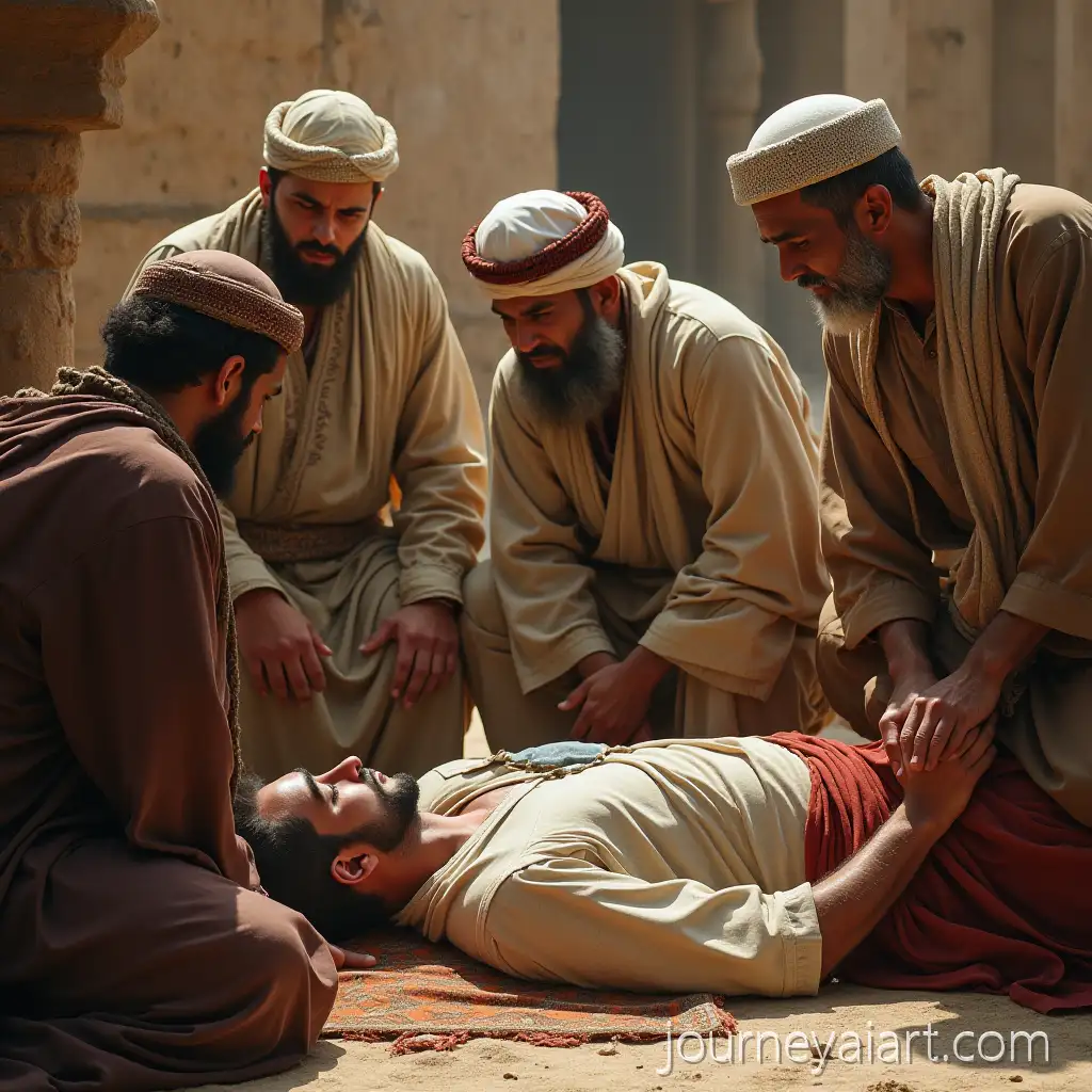 Circle-of-Quraysh-Men-Surrounding-a-Sleeping-ManAI-Image-Prompt-Expansion