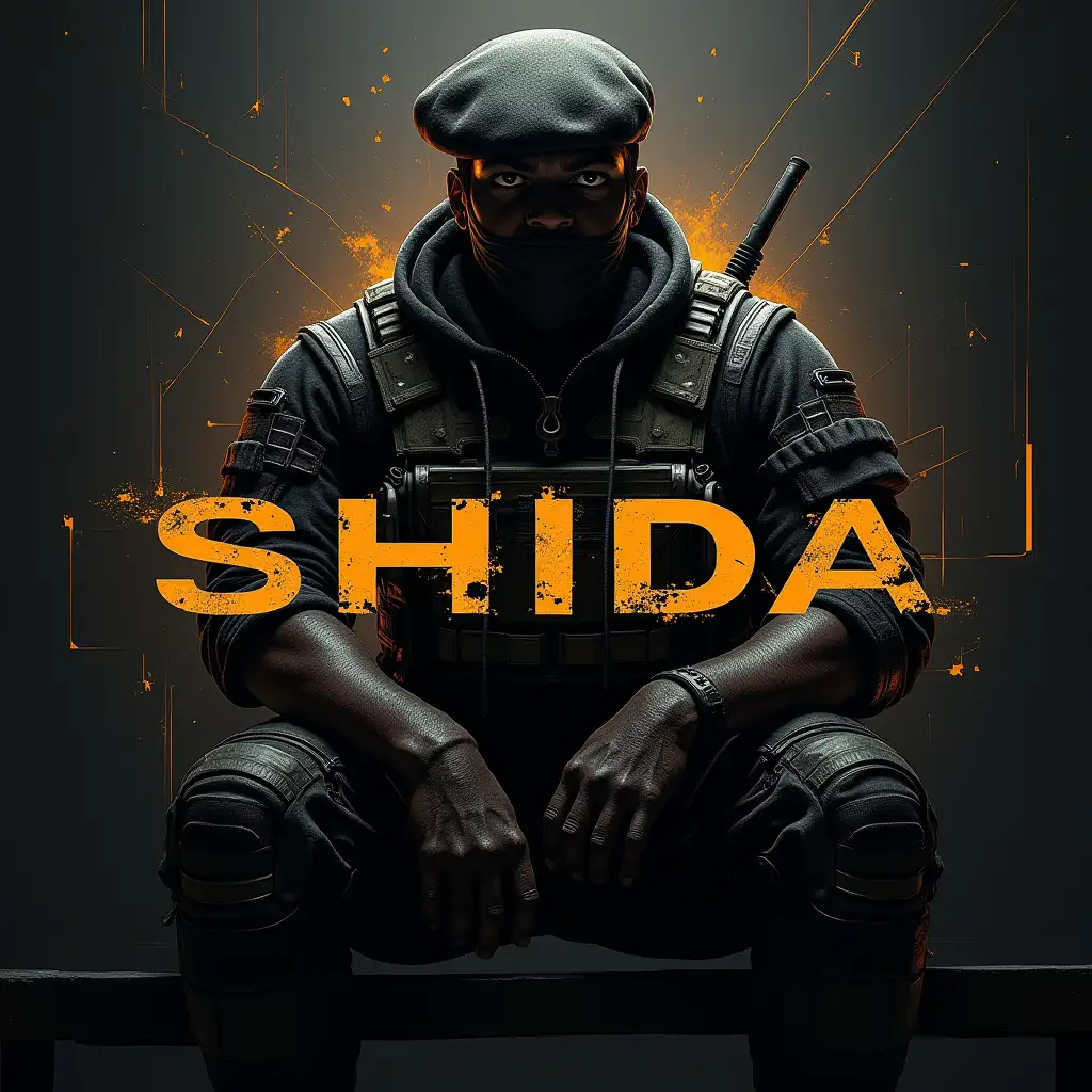 A dramatic, hyperrealistic poster for the video game PUBG MOBILE.  A dark, gritty, and urban setting is implied;  a soldier in tactical gear, seated in a crouched position,  is the central figure.  The figure is a dark-skinned man with a stocking cap and heavily armored tactical outfit. The figure appears to be in a moment of intense focus or action. The colors are predominantly dark,  with shades of black, grey, and burnt orange/gold used for highlighting and text elements; the color palette evokes a sense of tension and urgency.  The backdrop is a complex layered design with fractured lines and elements that overlay and blend, suggesting technological or environmental distortion. Orange-yellow lines and shapes are prominent, adding depth and visual impact. The game title, 'SHIDA the king - pubg GAMER,' is prominently displayed in bold, sans-serif font.  The overall impression is one of high-intensity action, emphasizing the tension and tactical aspects of the game.  The image incorporates a sense of visual depth, creating a sense of immersion and draws attention to the player character's focused position.  Include slight digital noise and pixelation to enhance the aesthetic feel