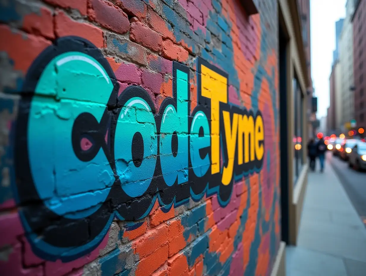 Create a vibrant graffiti art on a brick wall in a busy urban environment. The graffiti features two lines of text displayed artistically with bold and dynamic colors. The first line reads 'CodeTyme' in large, striking letters, perhaps in shades of blue and green to denote health and vitality. The second line, reading 'Technologies', is placed directly below in a slightly smaller size but equally eye-catching, possibly in warm contrasting colors like orange or red to draw attention. The background showcases a distinctive cityscape with blurry building lines and moving cars, highlighting the wall as a canvas in the heart of the city.