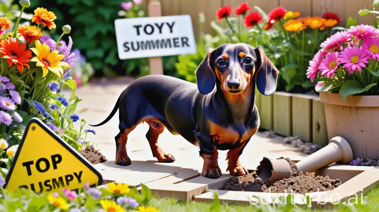 Dachshund-Clutching-a-Toy-HalfDisappeared-into-a-Hole-in-a-FlowerFilled-Garden-with-a-Construction-Sign