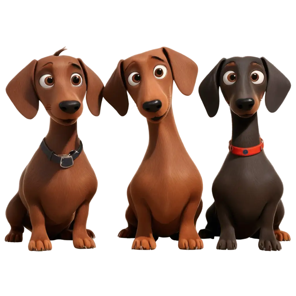 a cartoon pixar style pair of dachsunds, one is chocolate brown; the other dachshund is black with tan legs.