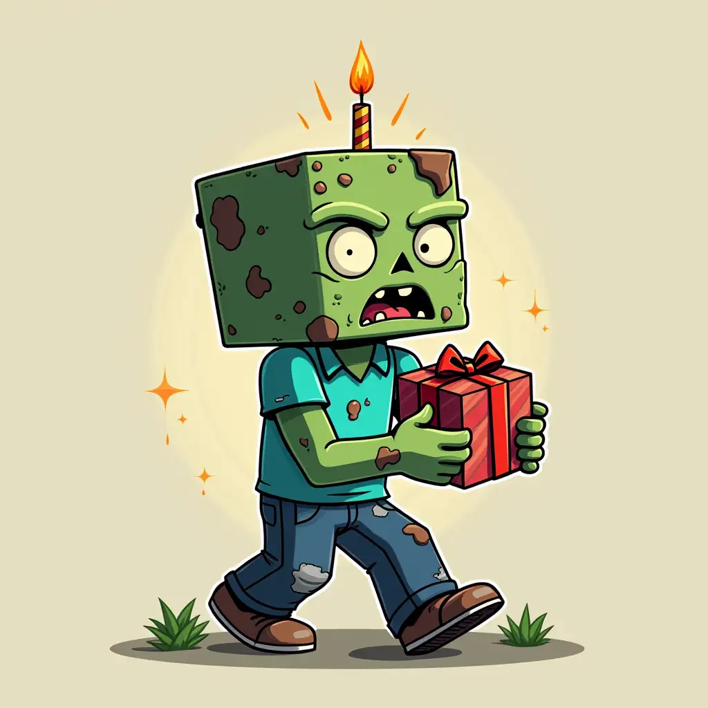 Zombie resident from the game Minecraft. Drawn in a vector illustration. Zombie looks as much like the character from the game Minecraft as possible. Square head. Zombie carries a birthday present