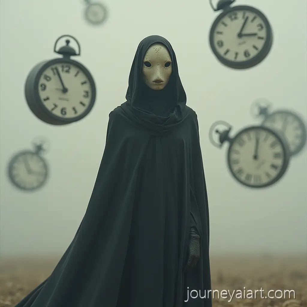 Mysterious-Figure-in-Cloak-with-Floating-Clocks-in-theClock-masked-figure-Background