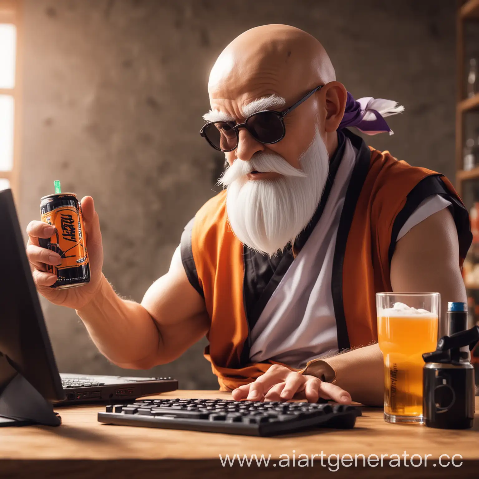 Silent-Roshi-Playing-Computer-and-Drinking-Energy-Drink