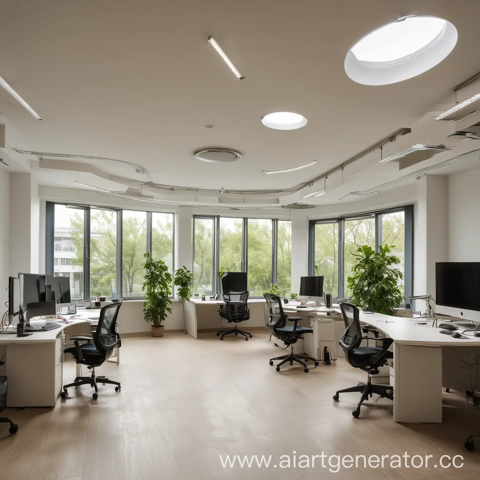 Modern-Office-Interior-with-Panoramic-Curved-Window-and-Urban-View