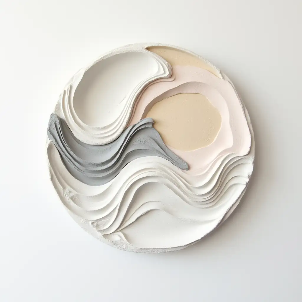 A textural painting made entirely of decorative plaster on a flat white background, featuring an abstract composition of organic waves and geometric facets. Thick impasto plaster sculpted with palette knife techniques, visible ridges, swirls, and layered depth under half its thickness. Subtle muted color washes applied over the relief---soft greys, pale ochre, and gentle blush---highlight the form. Dramatic side lighting casts sculpted shadows, emphasizing the tactile quality. Modern minimalist wall art crafted from decorative plaster.
