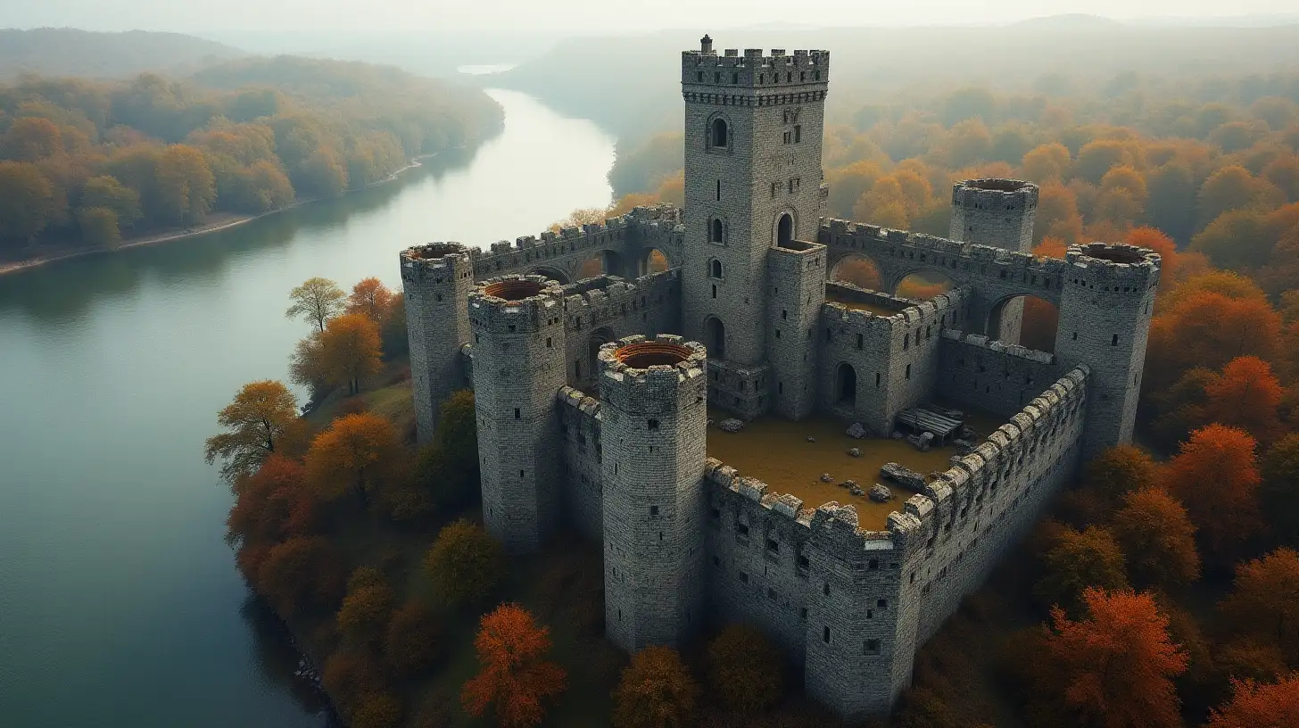 Birds Eye View of WellPreserved Castle Ruins by a River in Autumn