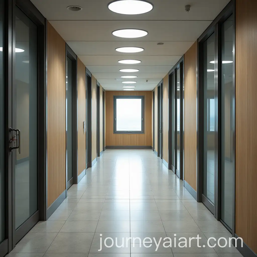 Modern-Corridor-with-Glass-Walls-and-Round-Ceiling-Lights