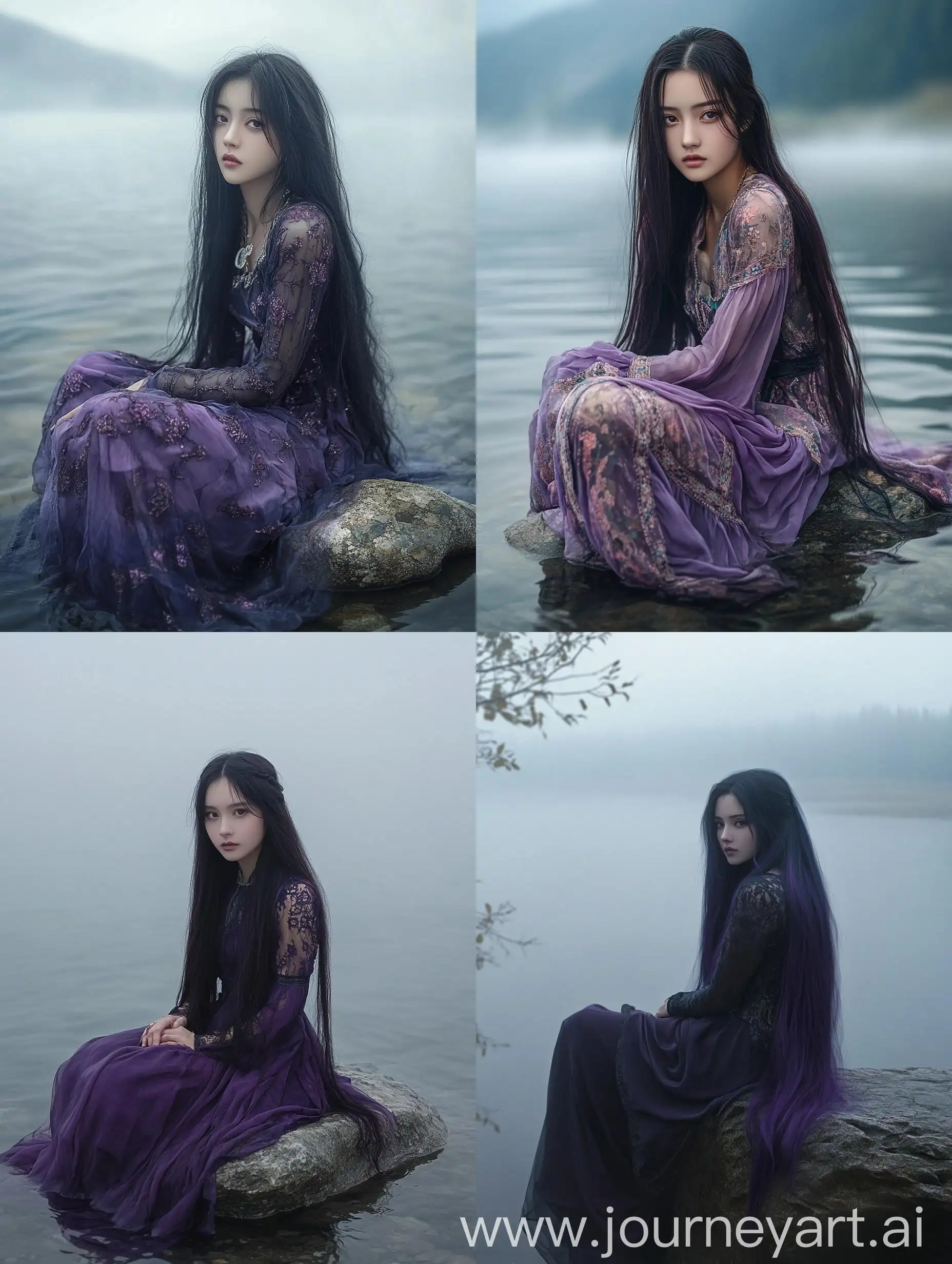 Portrait-of-a-Buryat-Girl-by-a-Lake-with-VioletBlack-Hair