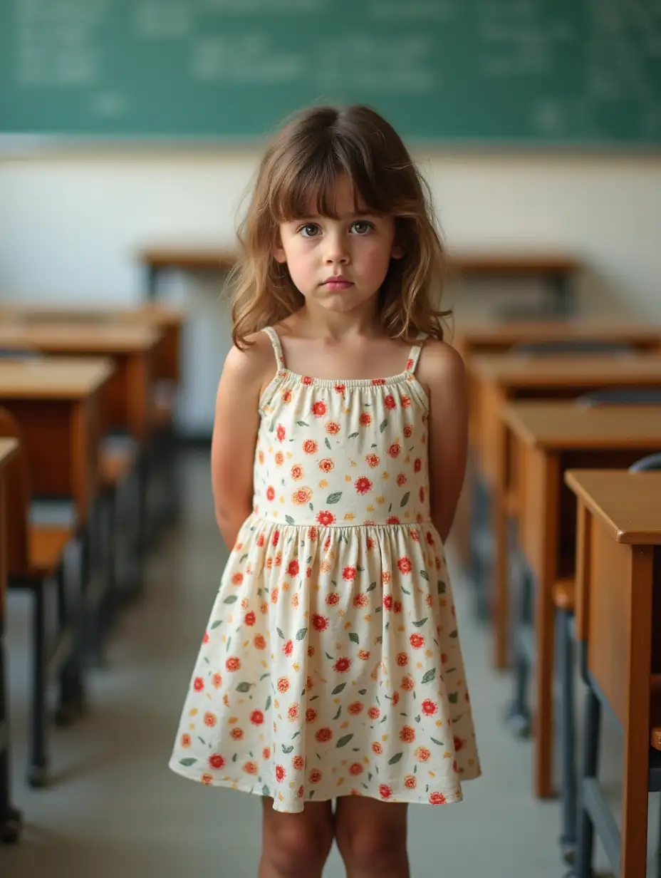 Adorable little girl in an empty classroom. Wearing a very tiny summer minidress. Hands behind her back. She has a worried expression. Legs visible.