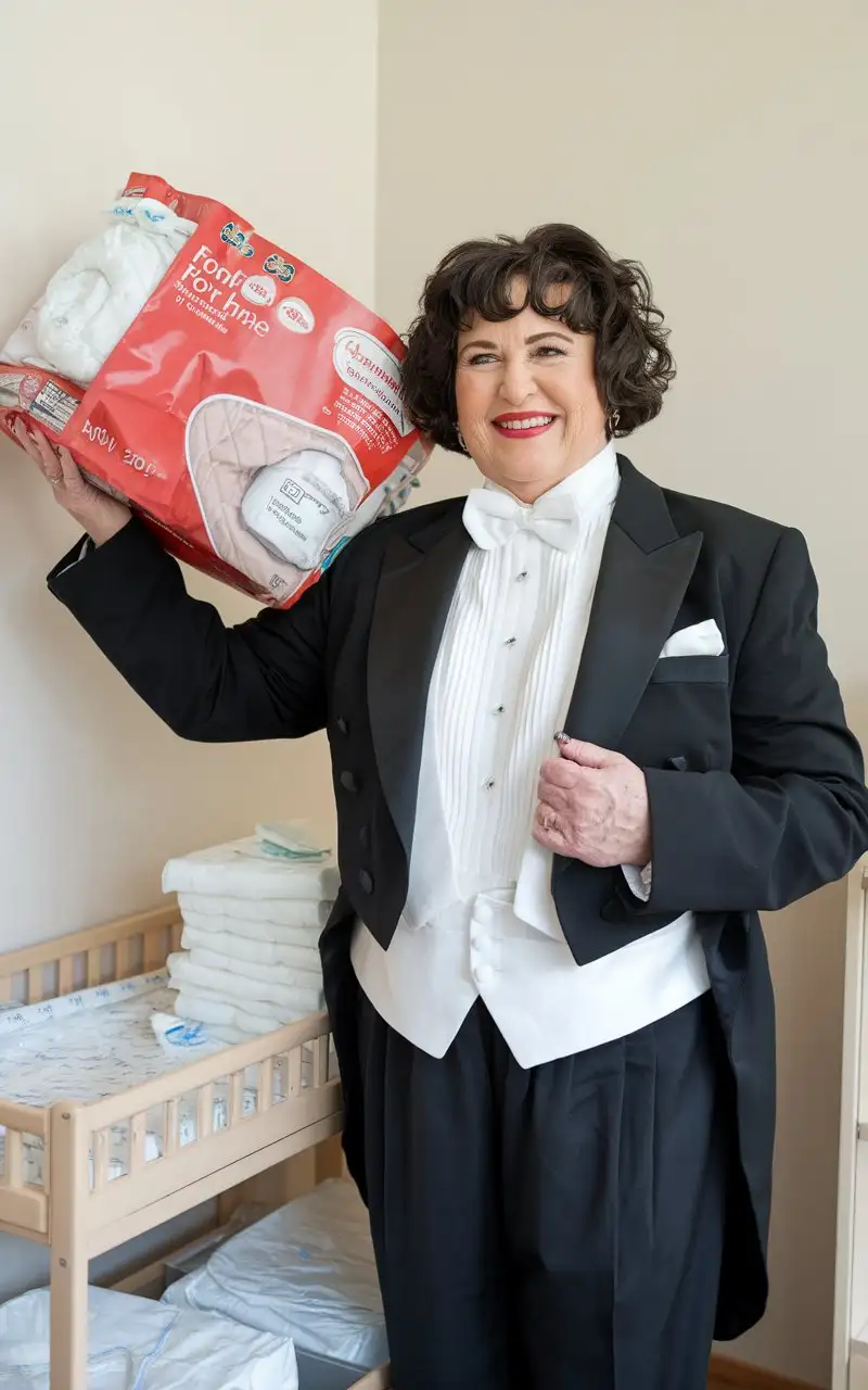 Caucasian Woman in Formal Tuxedo Holding Huggies Diapers in Nursery