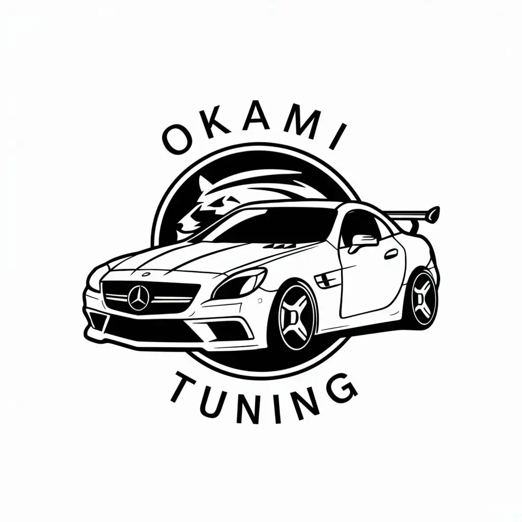 a vector logo design,with the text "Okami tuning", main symbol:Mercedes slk r172, wolf,complex,be used in Automotive industry,clear background