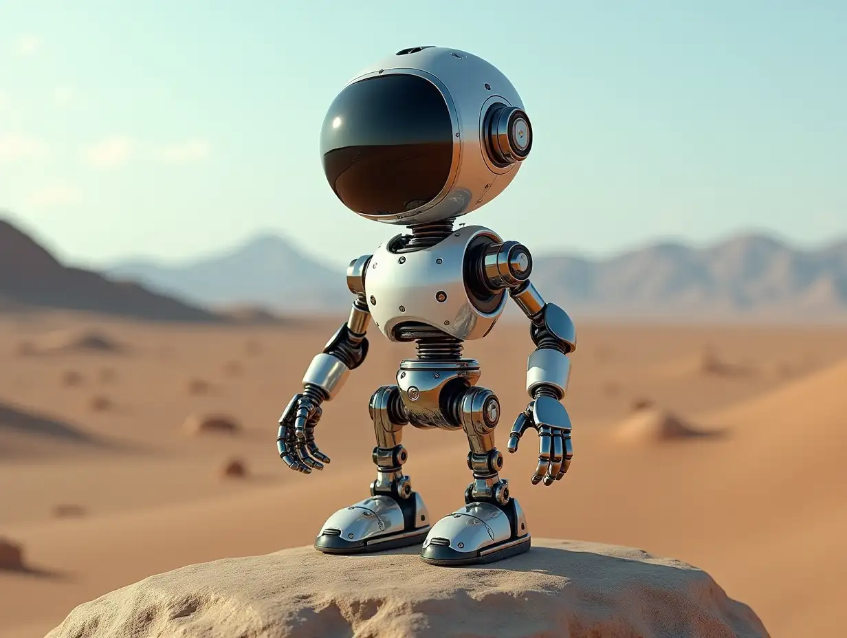 Create a high-resolution, realistic image of the artificial intelligence Robert with robot legs and feet made of metal and glass head with gears, fiber optics, LEDs on a rock in the desert at 4k resolution.