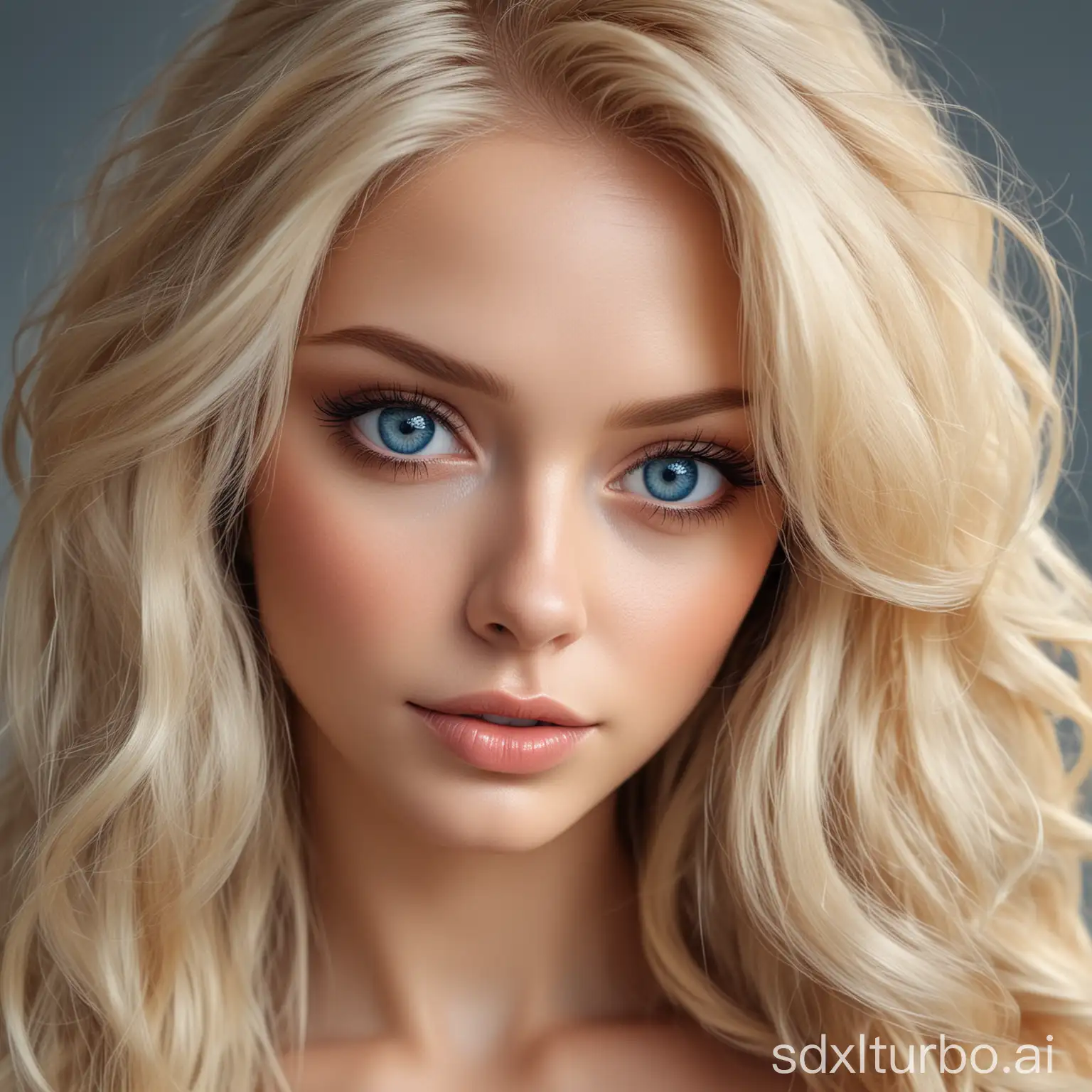 beautiful women with synthetic skin, big blue eyes, luxurious blonde hair, realistic style