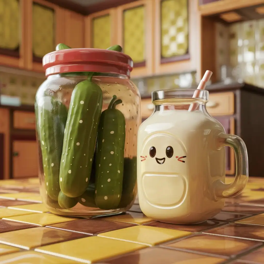 Cartoon-Bank-with-Pickles-and-Milk-Can-on-Table-3D