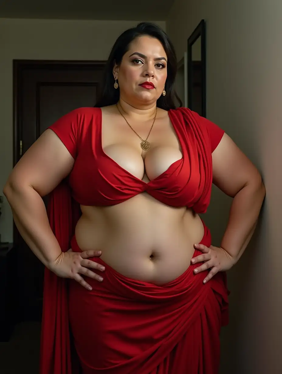 Muscular-PlusSize-Woman-in-Red-Saree-with-Alabaster-Skin-and-Strong-Physique