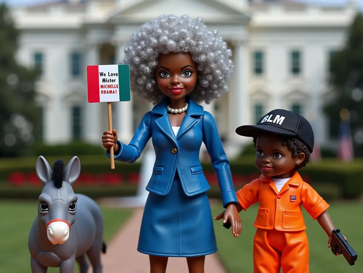 Create PremiumClass Collectible Toy Figure in Blister Packaging with Accessories. She is an Older angry white lady with a gray Afro standing in front of the white house in Washington DC wearing a blue business suit skirt with a pearl necklace holding the Mexican flag in one hand. She comes with a red white and blue sign that says “We Love Mister MICHELLE OBAMA!” A donkey accessory. And another doll with a little black kid dressed in all orange jail jumpsuit with a gun and a gay pride flag in one hand, and a black hat that says BLM. The name of the doll is called Left Wing Lucy. It has a sticker on it that says made in China.