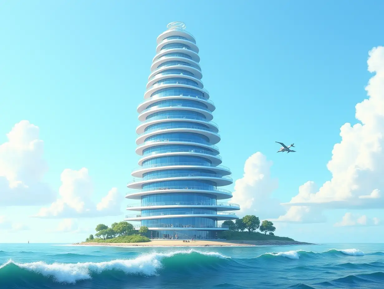 Create a high-resolution, realistic image of a very tall futureistic building with windows twisted like a snail's house with blue and white facades with sea with very big waves, large trees, blue sky