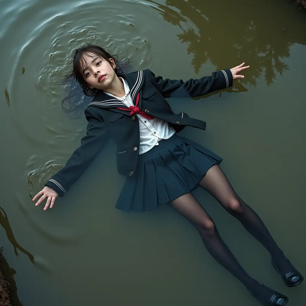 A young schoolgirl in a school uniform, in a skirt, jacket, blouse, dark tights, high-heeled shoes. She is swimming in a dirty pond, lying underwater, all her clothes are completely wet, wet clothes stick to her body, the whole body is underwater, submerged in water, under the surface of the water, below the water's edge.