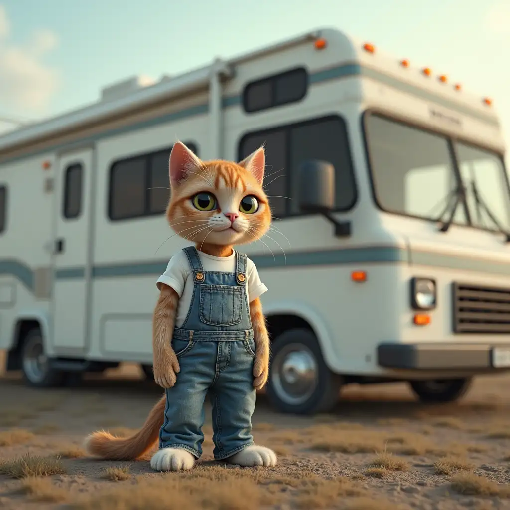 A real anthropomorphic cat wearing a white top and denim overalls standing next to a large white RV