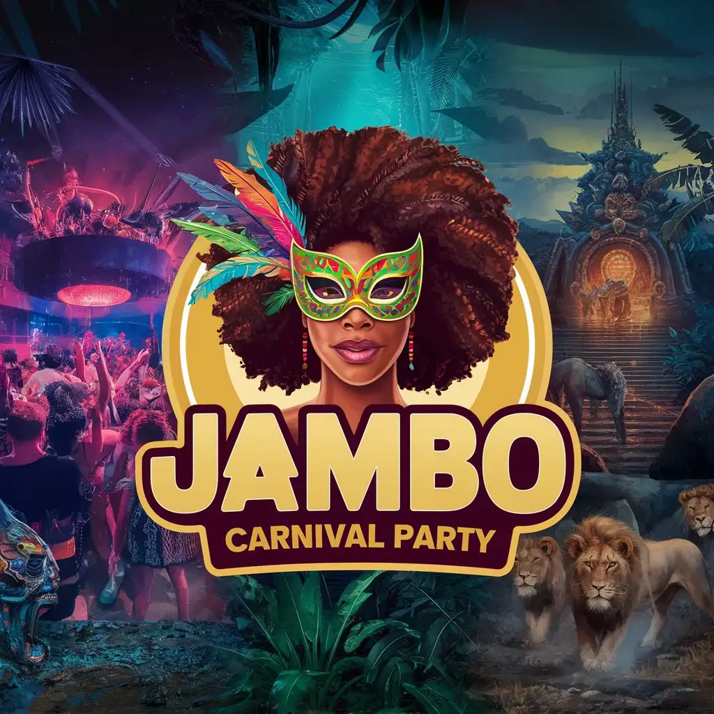 LOGO Design for Jambo Carnival Party Psychedelic Afro Woman with Carnival Mask Brazil Jungle and Sacred Temple Theme