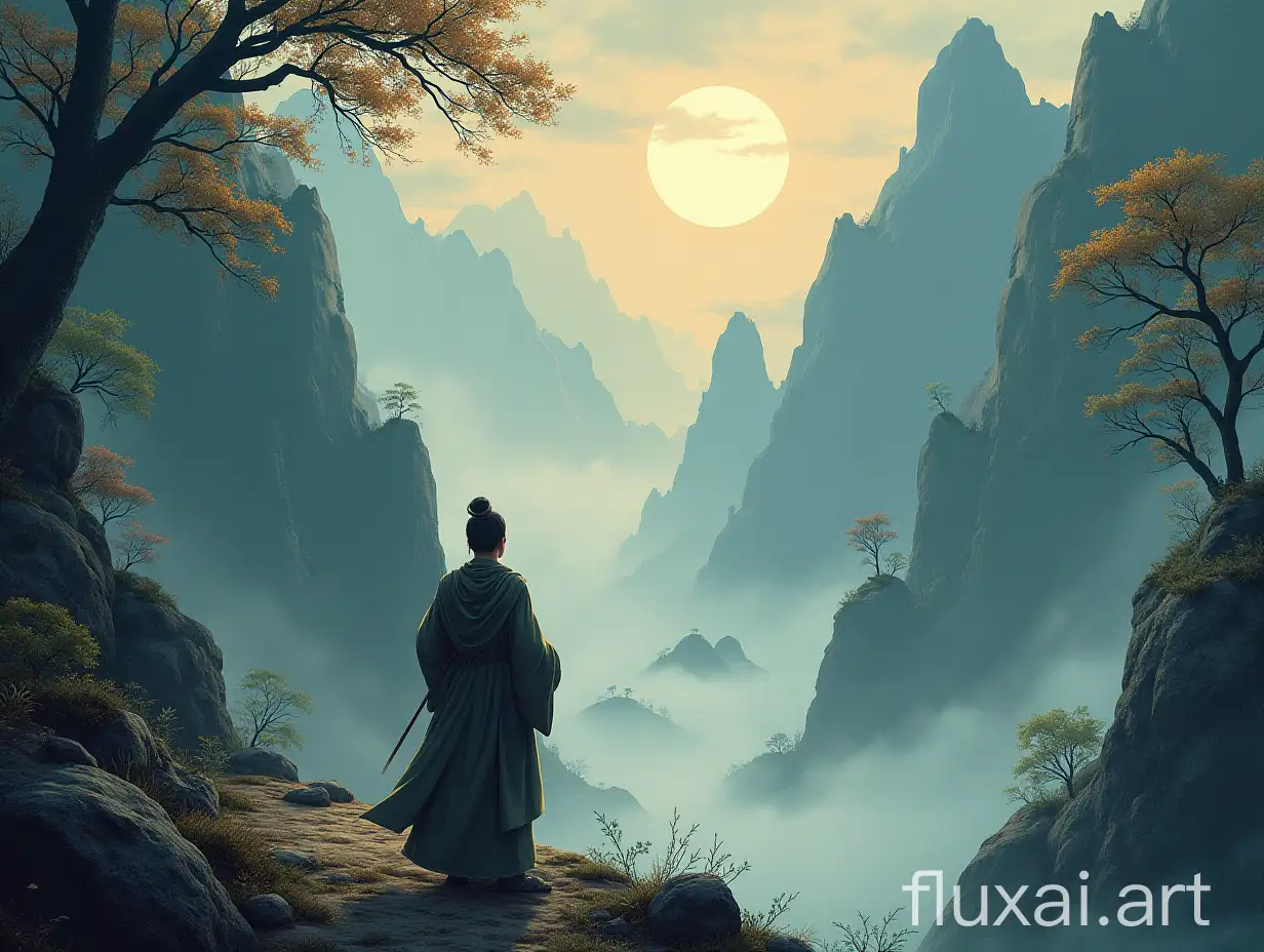 The dwelling of hermits in a forest of mountains, Lu Dongbin (one of the Eight Immortals) is practicing