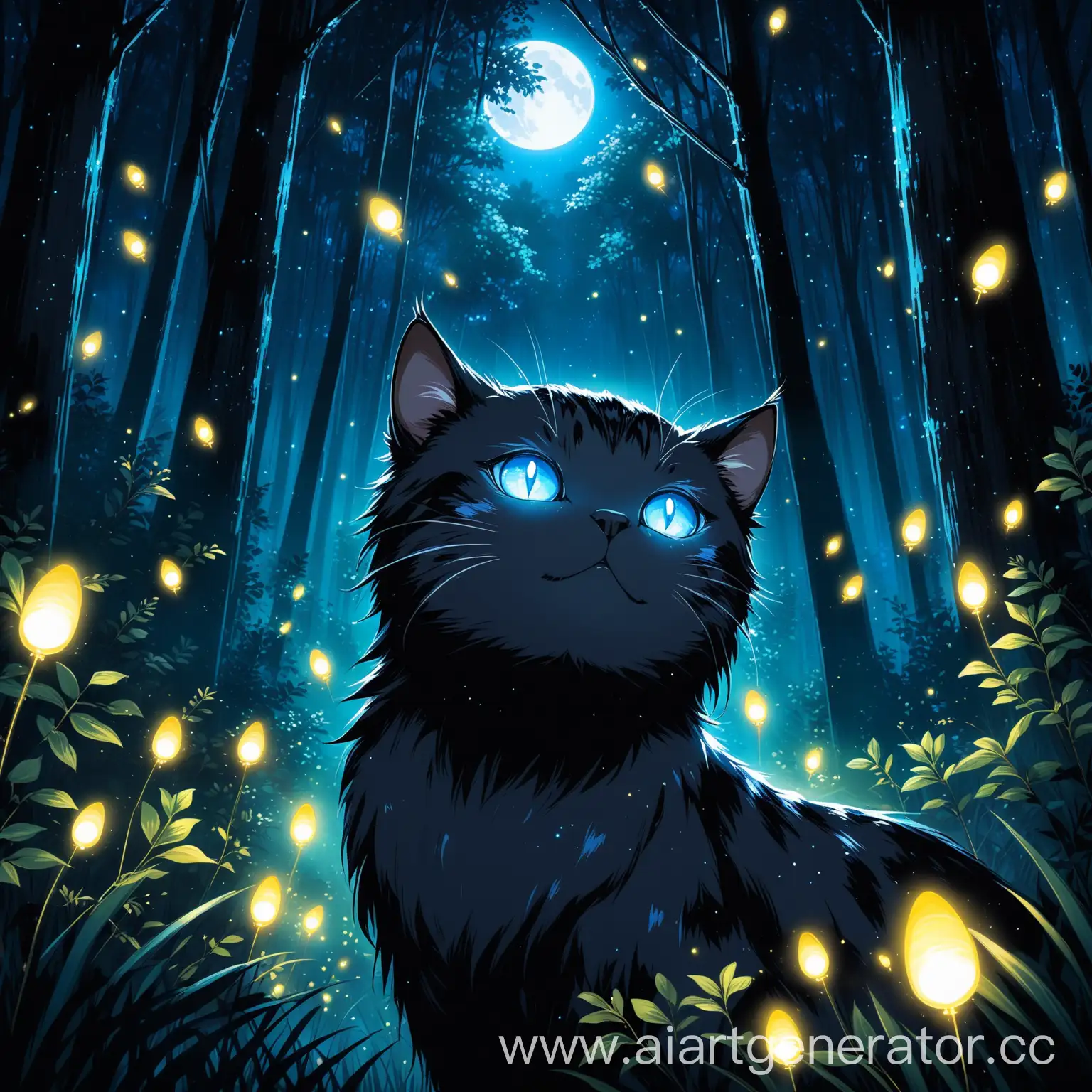 Nocturnal-Cat-in-Enchanted-Forest-with-Fireflies-and-Moonlight