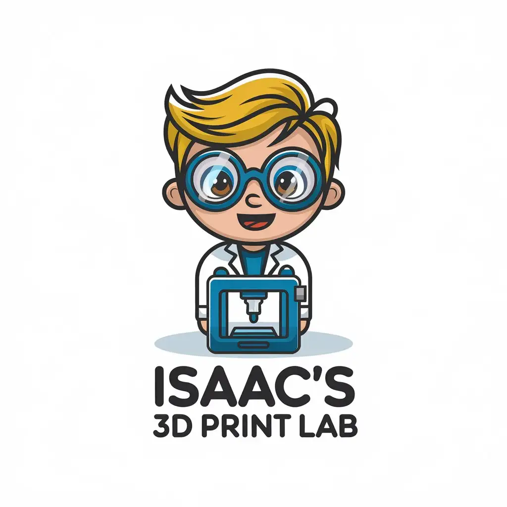 LOGO Design for Isaacs 3D Print Lab Kid Mad Scientist with 3D Printer and Blue Glasses Theme