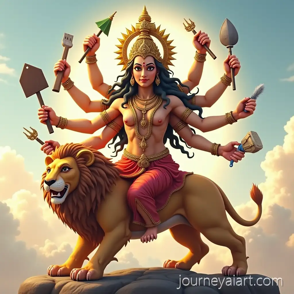 Stylized-Lord-DurgaLord-Durga-on-Lion-Sitting-on-Lion-with-Eight-Hands-Holding-FilmMaking-Props
