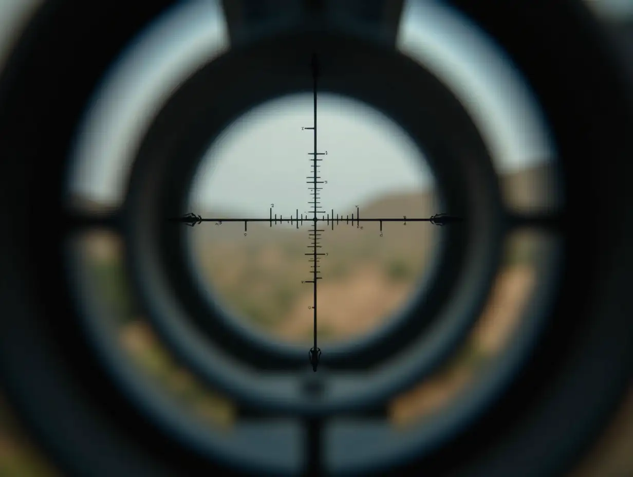 A military target in the crosshair of an optical sight