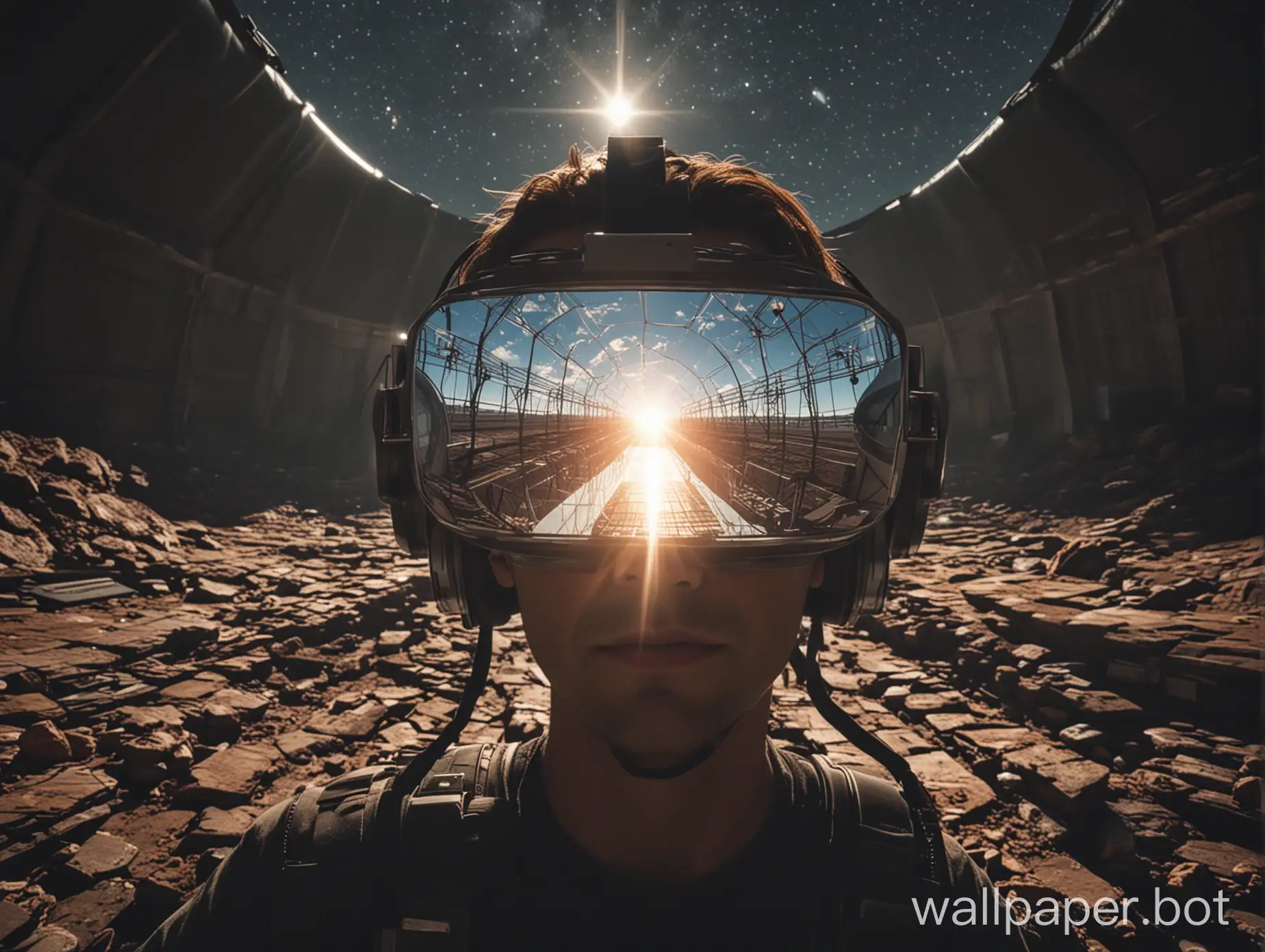 Une centrale solaire géante, vue de l'intérieur d'un casque VR Meta Quest 3, avec des effets visuels époustouflants.