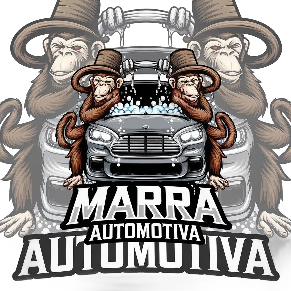 LOGO-Design-for-Marra-Automotiva-Monkey-Mascot-Car-Wash-with-Hats-and-Detailed-Vector-Art