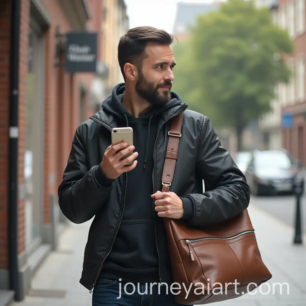 Stylish-Man-Posing-with-Phone-and-Bag