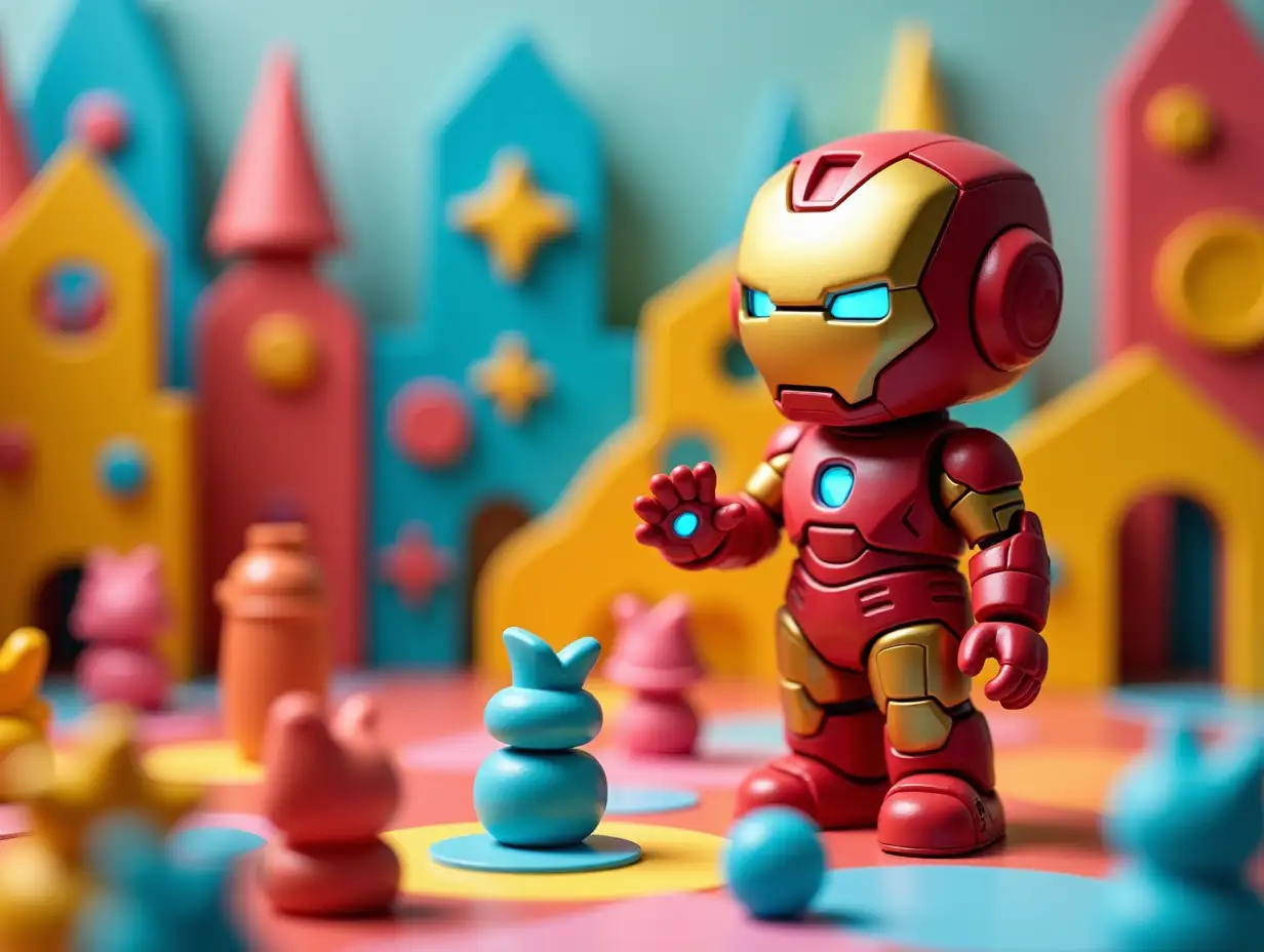 a colourful and attractive toy-land where everything is made of colourful shaped objects. And robot is playing with toy ironman superhero