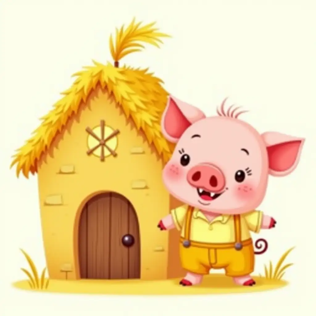 A little nice house made of yellow straw. Next to it is a nice cheerful piglet in yellow pants with braces and a yellow shirt. Cartoon style.