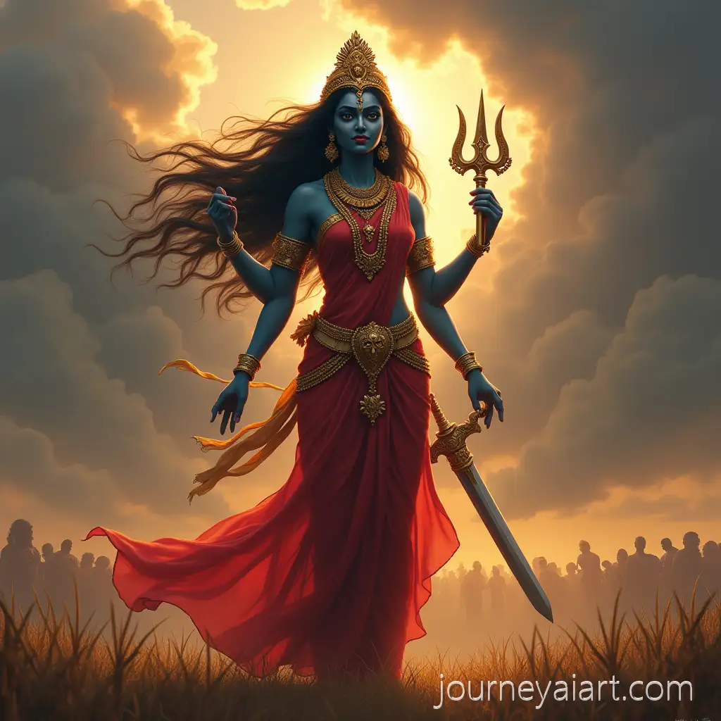 Divine-Goddess-Kaali-Amman-Standing-on-Peaceful-Battlefield-After-Victory