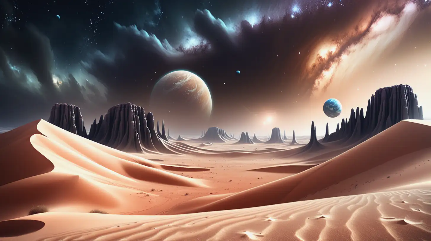 Desert Landscape with Tall Sand Hills and Cosmic Effects