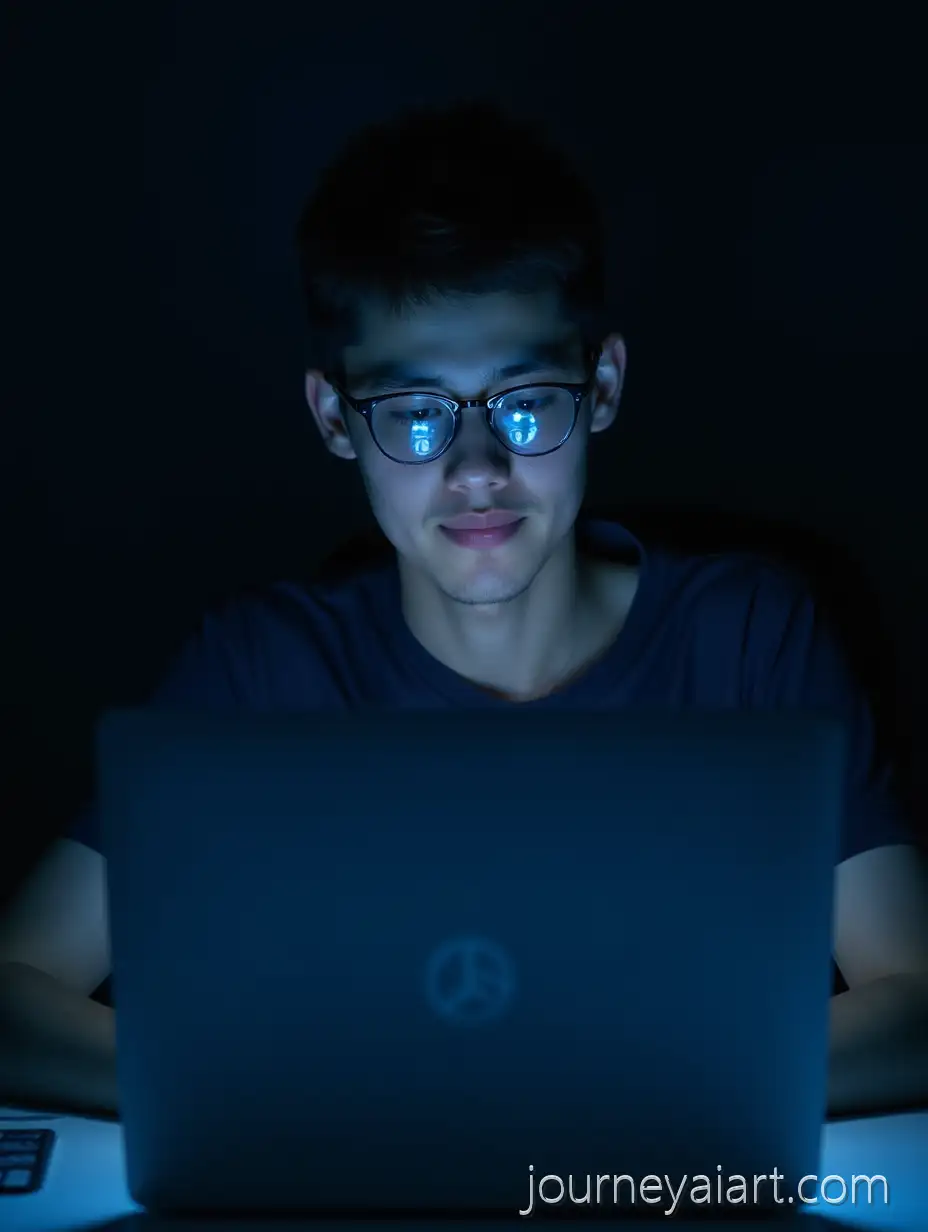 Young-Male-Programmer-Working-on-Laptop-with-Blue-Screen-Glow-in-Dark-Minimalist-Office