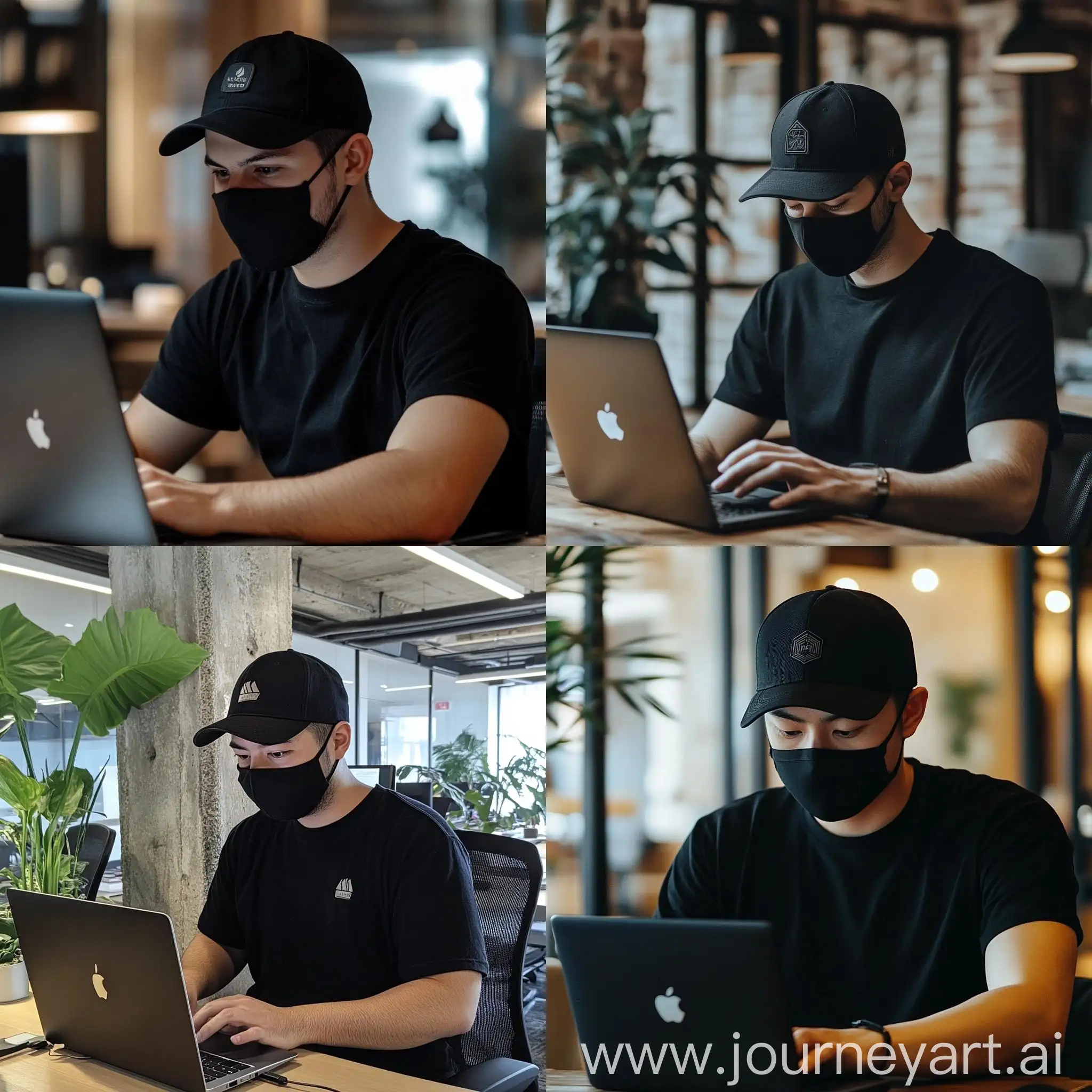 Person-in-Black-Cap-and-Mask-Working-on-MacBook-in-Office