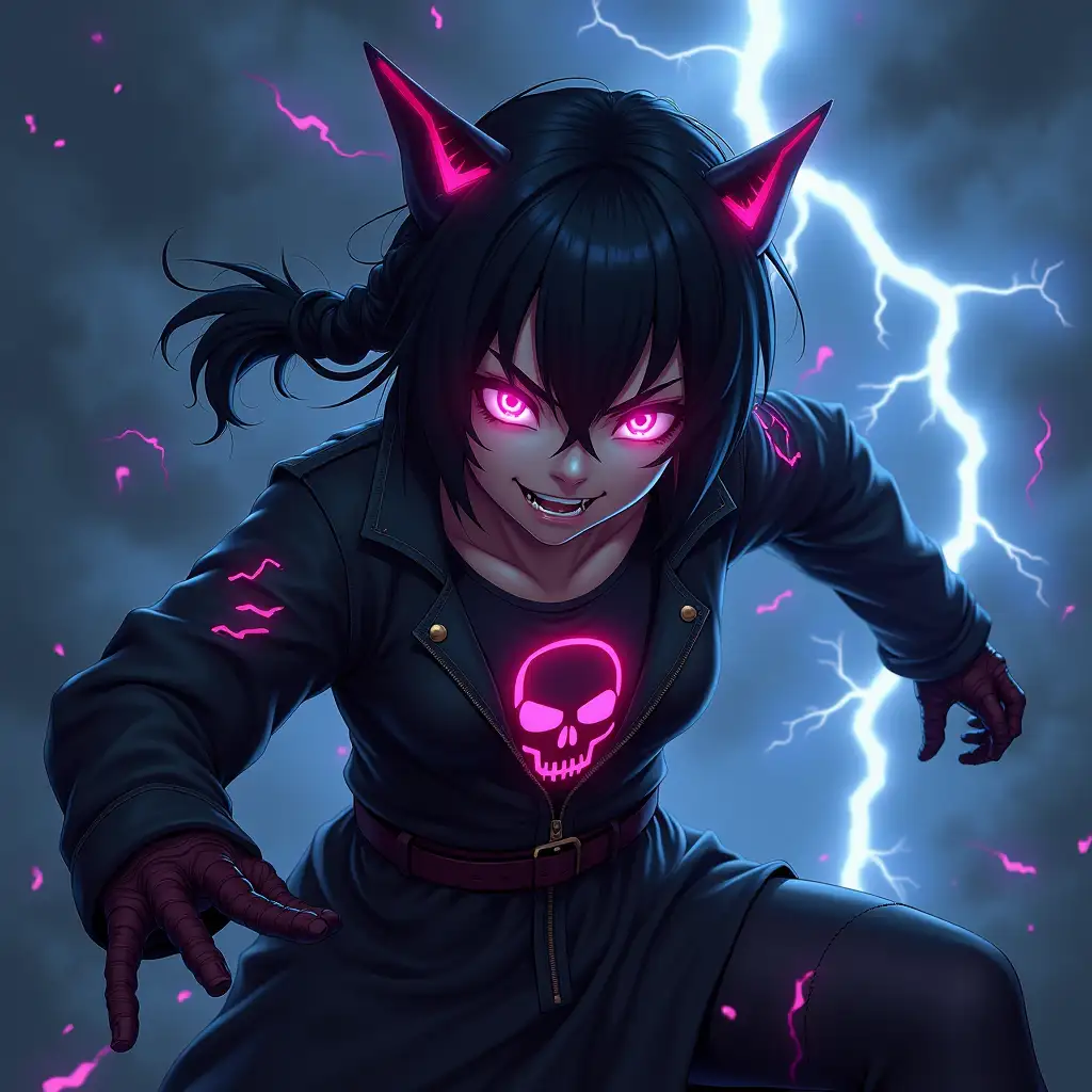 A detailed digital illustration of the character in a dynamic action pose, fierce expression, with a dark, stormy background. Lightning strikes illuminate the scene, highlighting the character's pink skull emblem. Art style inspired by gothic anime, sharp lines, high contrast shadows, vivid highlights, digital painting techniques, intricate textures, moody atmosphere, 4K quality —v 6.0