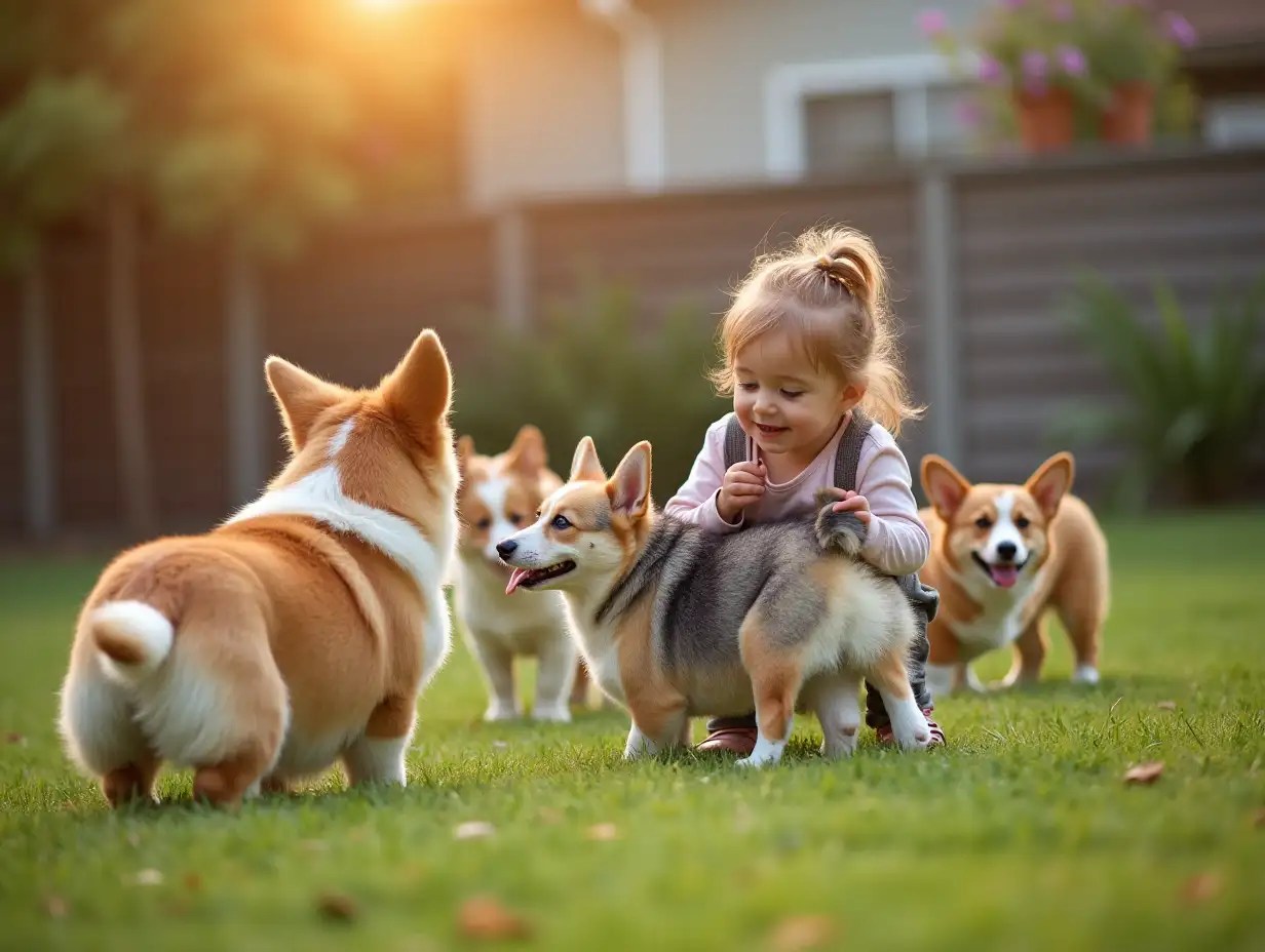 Welsh-Corgis-and-Child-Playing-in-the-Yard