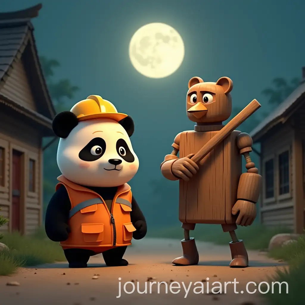 Panda-in-Safety-VestAI-Image-Prompt-Expansion-with-Wooden-Character-on-Night-Patrol-by-Chicken-Coop