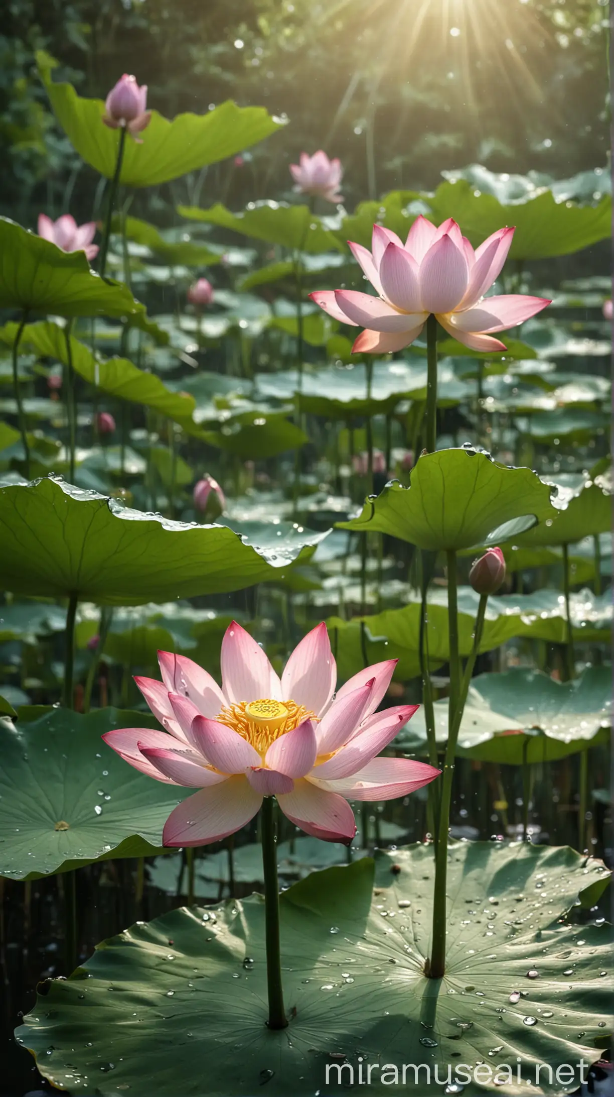 Tranquil Morning Scene with Lotus Flowers and Dew Drops