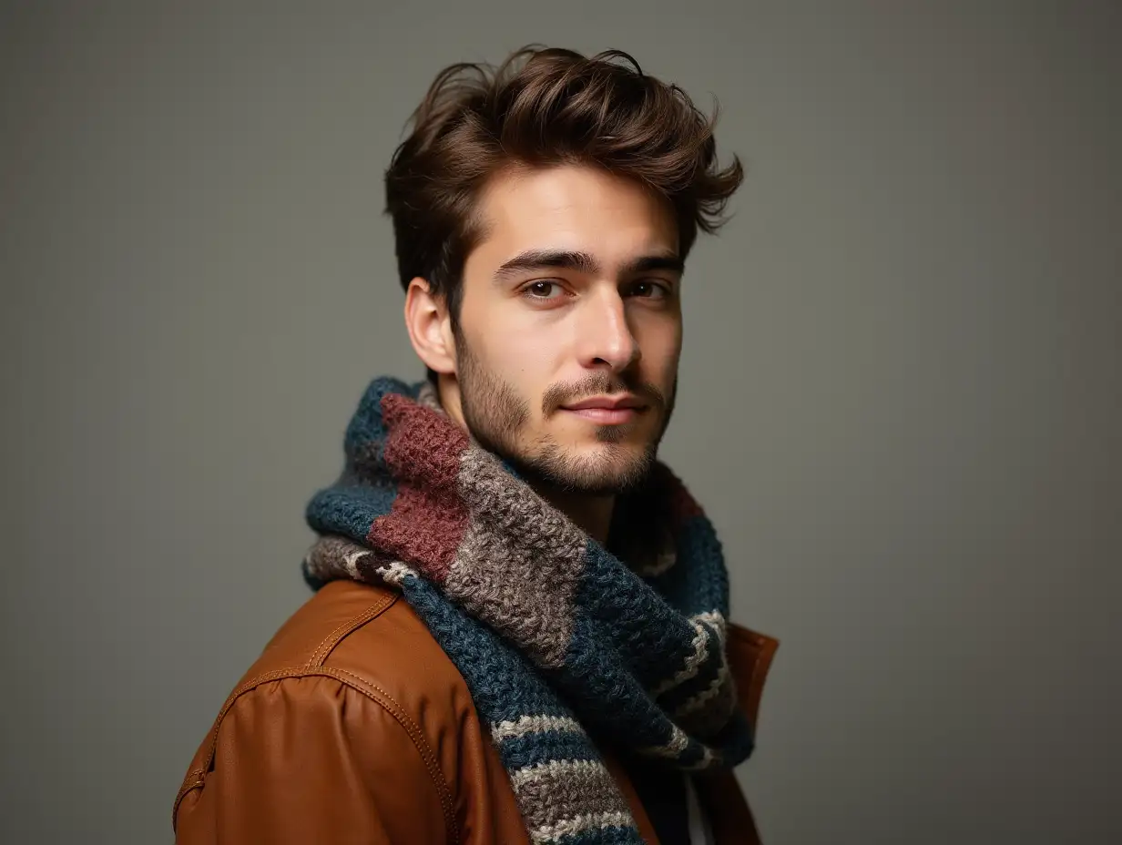 A handsome young brunet man in a multicolored scarf