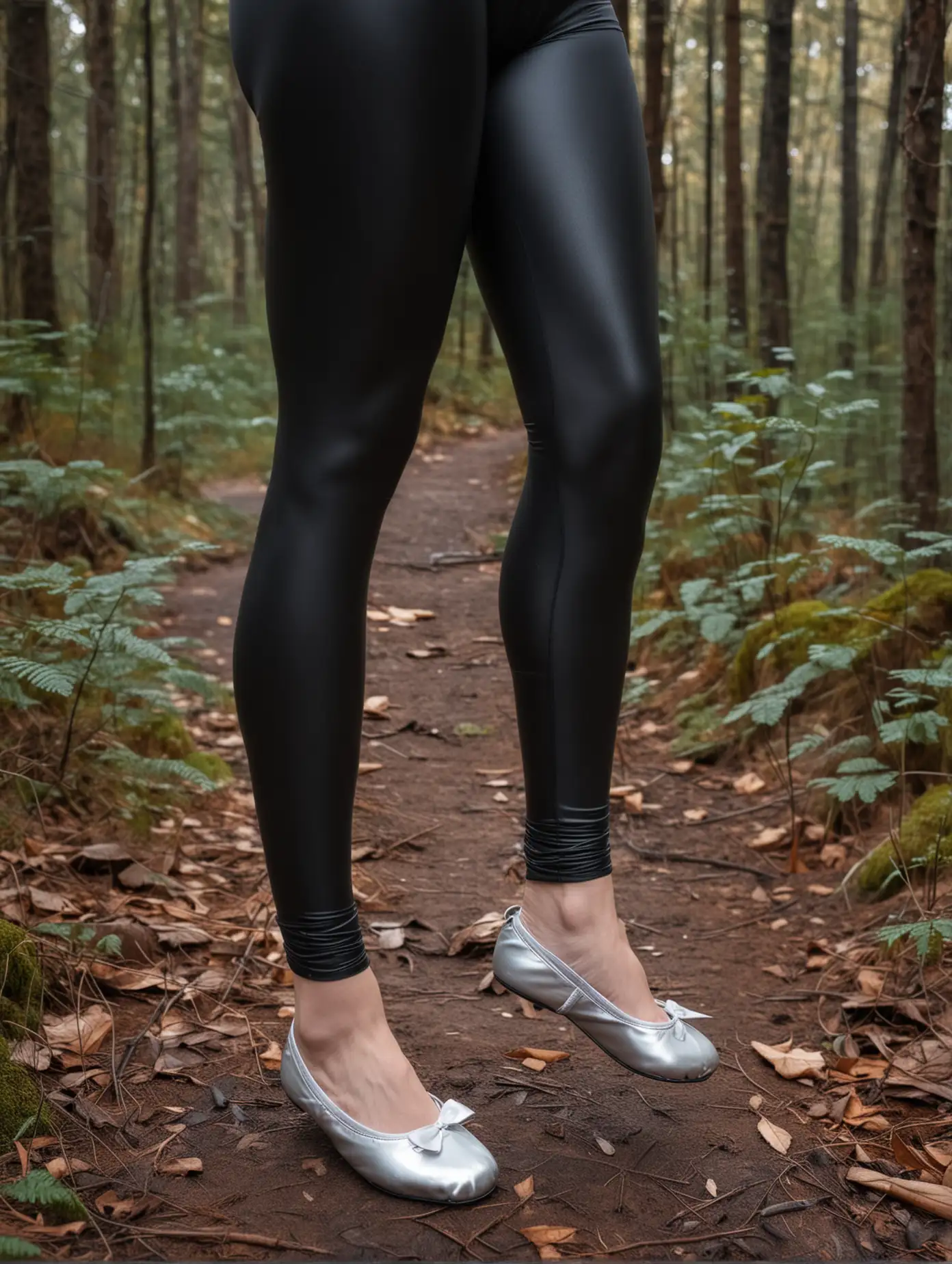 frauenbeine von den Waden abwärts, in schwarzen glänzenden spandex leggings, schwarzen strumpfhosen und silbernen ballettschläppchen, im wald