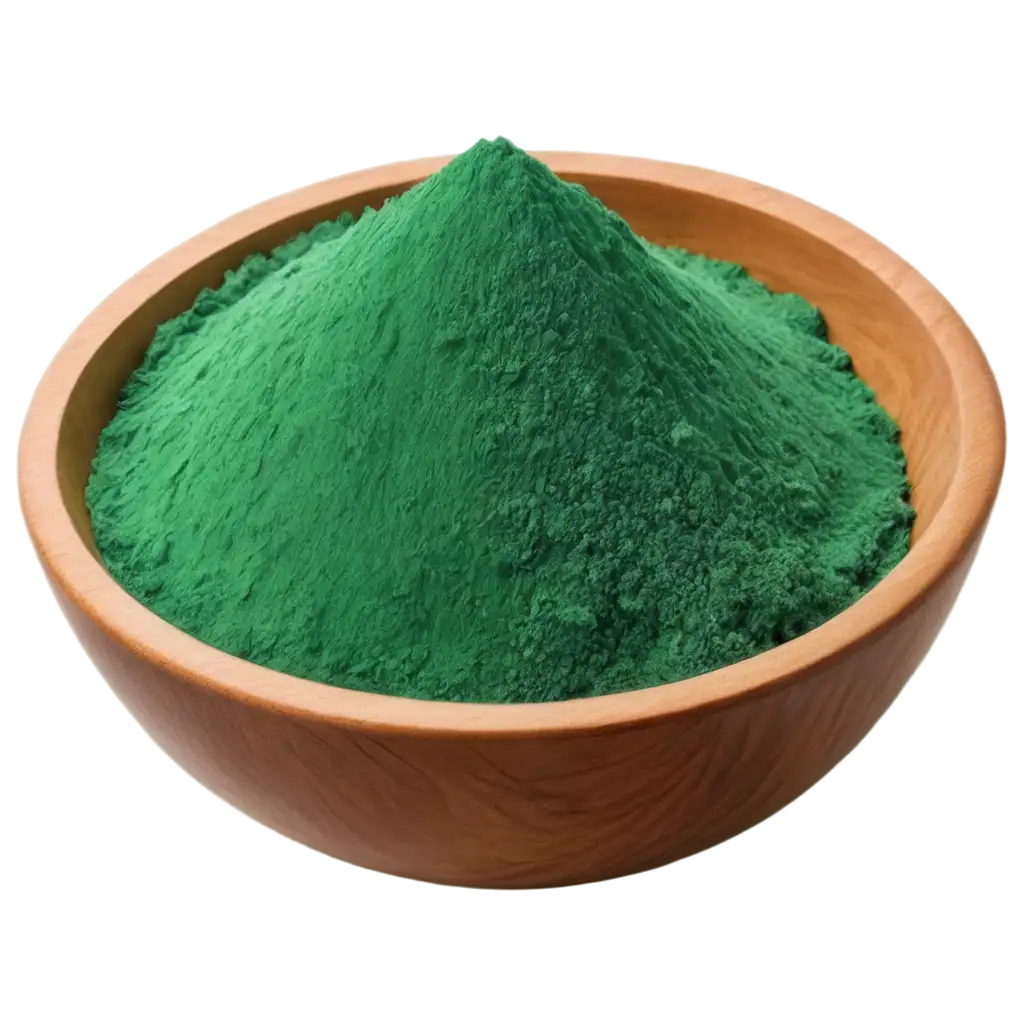 Create an spirulina powder with an aesthetic look on a bowl of wood and looking like it shot with a proper photo product studio