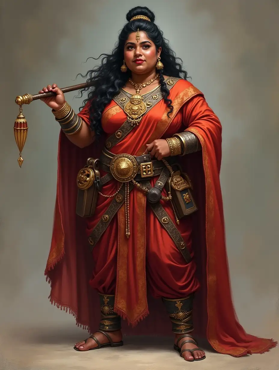 A regal chubby D&D 5e Dwarven noblewoman with a south Indian appearance.